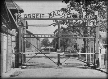 The entrance to Auschwitz; note the motto, 